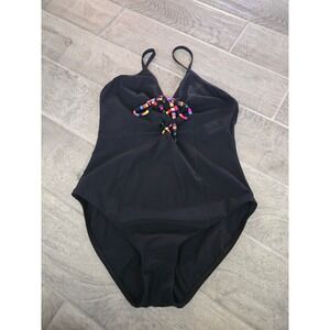 Skinny Dippers Lacey One Piece‎ Swimsuit Black Colorful Detail XL